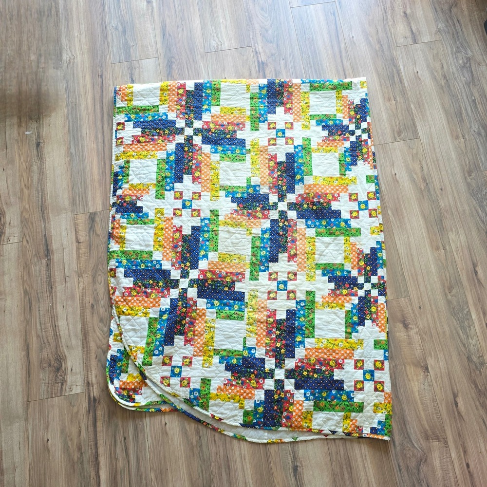 VTG Sears Patchwork Quilt Multicolor Geometric Floral Cotton Bedspread sz full